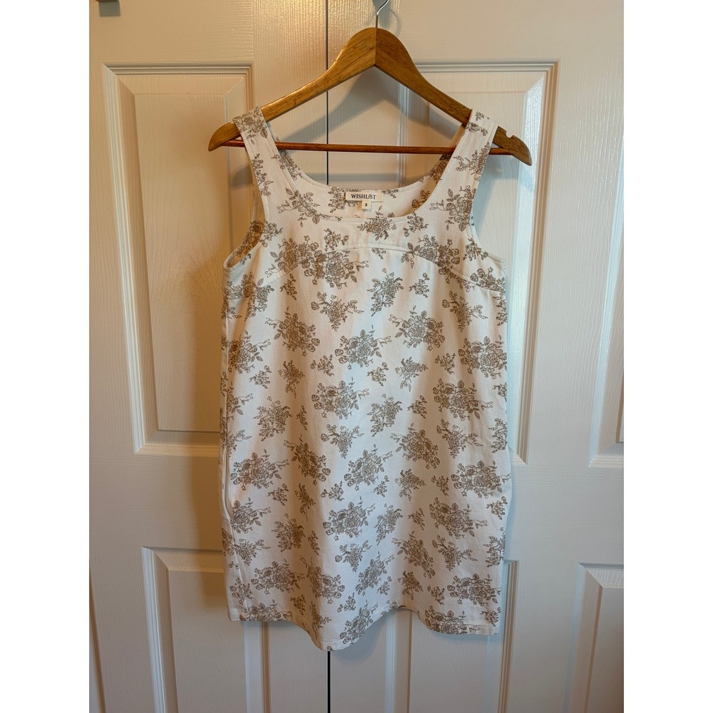 Wishlist White Brown Floral Cotton Mini Dress Side Pockets Size S